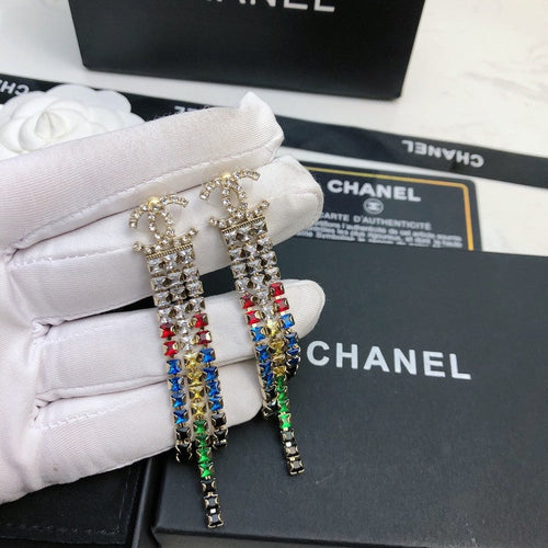 18K  Chanel Long Tassel Color Crystal Earrings