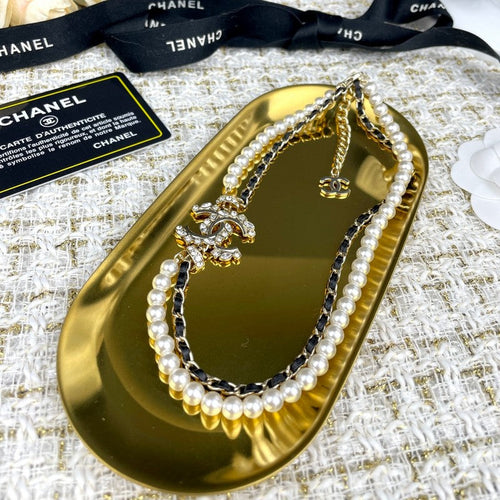 18K  Chanel Pearl Chain Leather Necklace